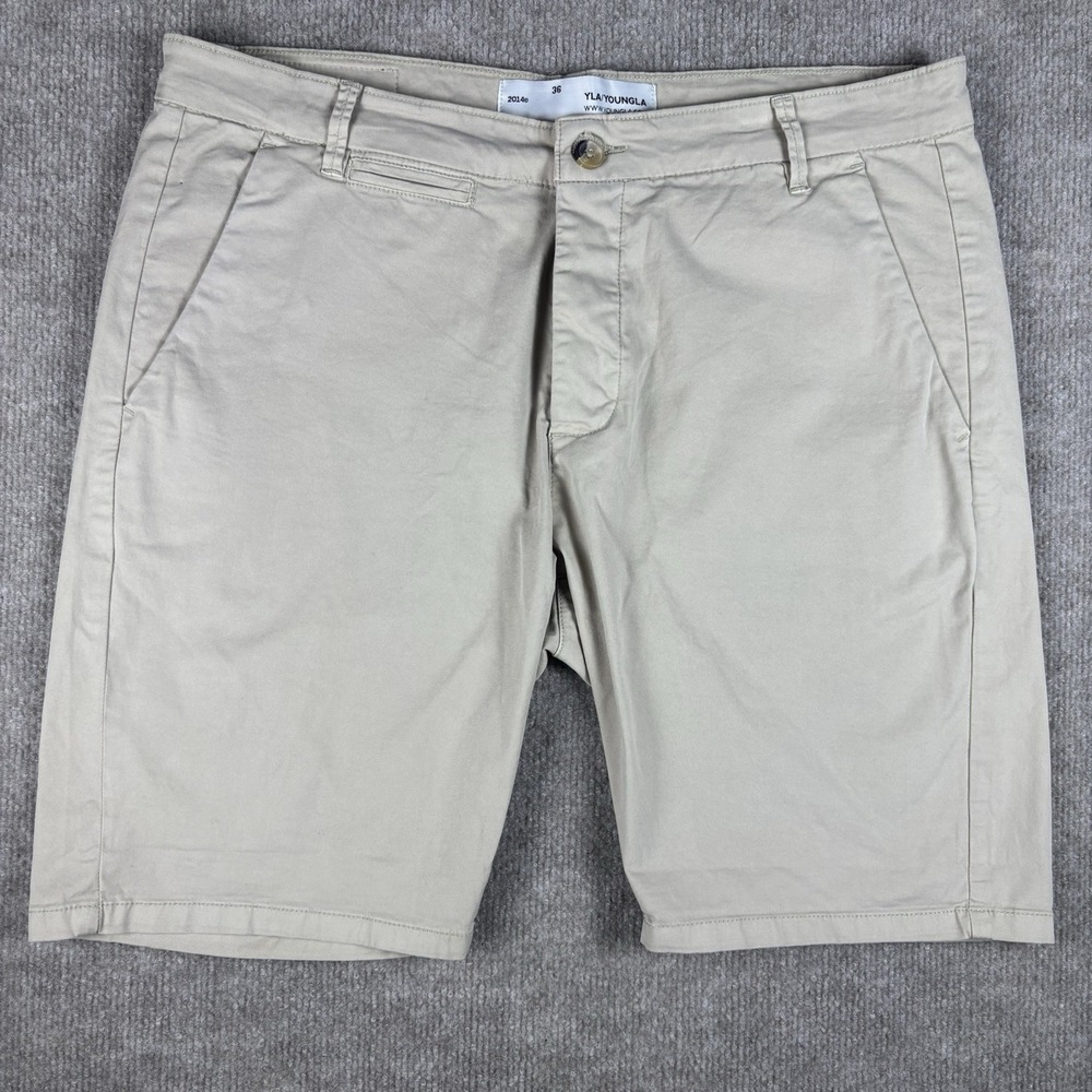YoungLA Los Angeles Chino Shorts Mens 36 Beige Flat Front Casual Stretch 8.5"